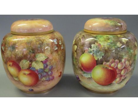 Two similar Royal Worcester 1970's porcelain ginger jars and covers, both decorated on a mossy background with fruits, berrie