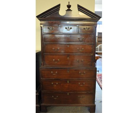 18th Century design mahogany tallboy chest on chest having broken architectural pediment with vase finial and Grecian key mou