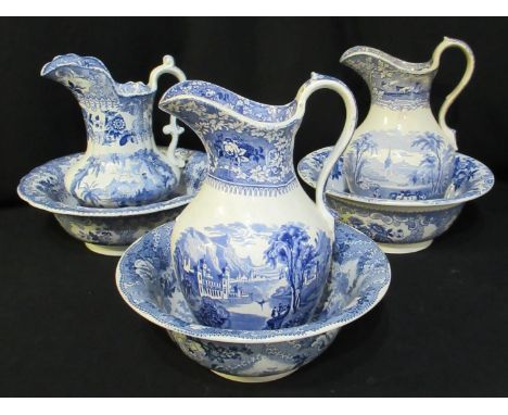 Three similar Welsh pottery blue and white transfer printed jug and basin sets to include; Llanelly panorama design (2), Mila