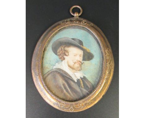 C. Bicon? (18th Century, probably Dutch), portrait miniature of an 18th Century gentleman with broad brimmed hat and lace col