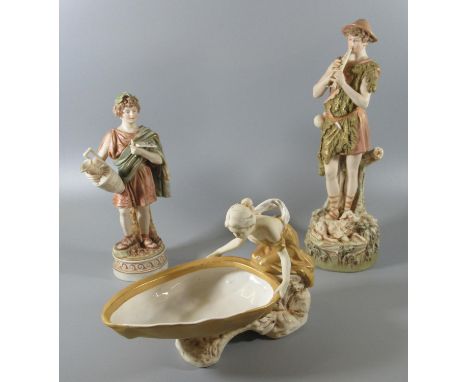 Royal Dux Art Nouveau table centrepiece, modelled as a maiden clasping a mollusc shell on moulded rocky base. Shape no. 1747 