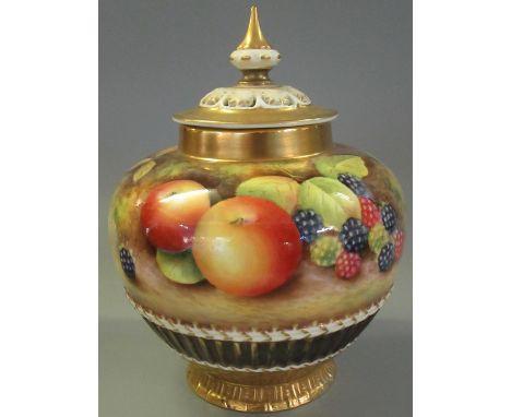 Royal Worcester 1970's porcelain pot pourri vase/jar and reticulated cover, of baluster form, hand painted with fruits, folia