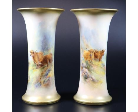 Pair of early 20th Century Royal Worcester porcelain vases of waisted form, hand painted with Highland cattle, signed by Harr