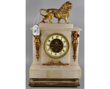 Late 19th Century alabaster mantel clock in empire style, the case surmounted by a male lion and with figural mounts, Arabic 