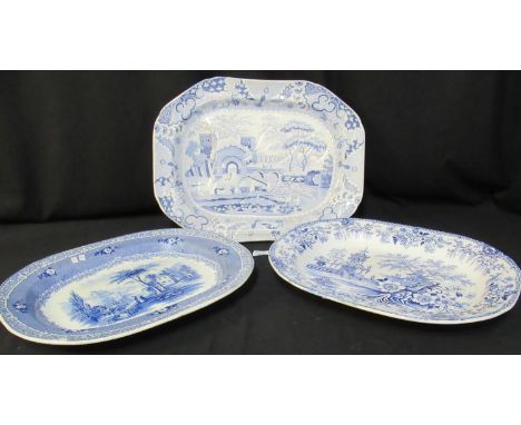 Three 19th Century blue and white transfer printed meat dishes to include; Llanelly pottery oriental design, Staffordshire ca
