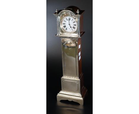 Late Victorian silver and mahogany miniature longcase clock with 8 days pocket watch as the face by William Comyns & Sons, Lo