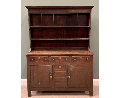 EARLY 19th CENTURY OAK WELSH DRESSER, the three shelf rack with wide backboards over a base of three frieze drawers and two c