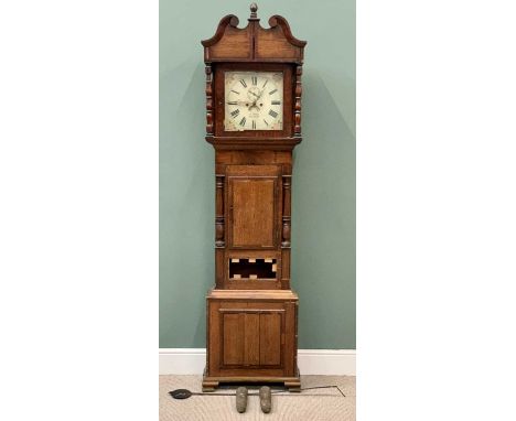 CIRCA 1840 OAK &amp; MAHOGANY LONGCASE CLOCK with eight day twin weight pendulum driven bell strike movement, maker H Jones o