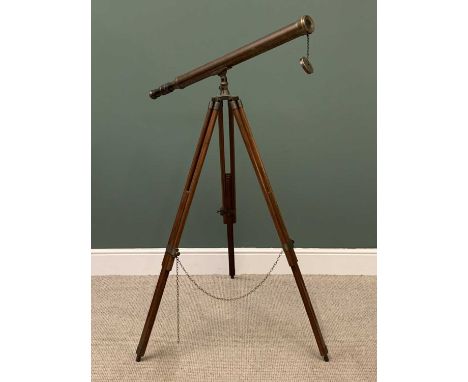 ANTIQUE BRASS TELESCOPE on an adjustable tripod stand, 104cms L maximum