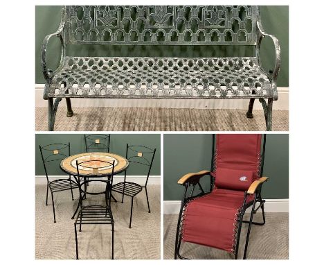GARDEN FURNITURE to include metal base circular table, 73cms H, 90cms diameter and four chairs, a metal garden bench, 98cms H