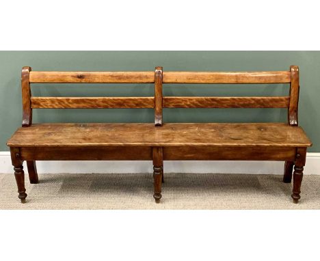 VICTORIAN PINE OPEN BENCH having a slatted back, on turned supports, 83cms H, 184cms W, 36cms D