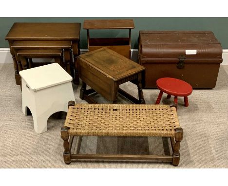 FURNITURE ASSORTMENT (7) to include string topped footstool, other footstools, metal trunk, nest of three tables ETC
