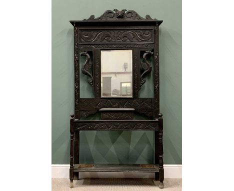 JACOBETHAN CARVED OAK HALL STAND, central mirror and glove box, stick stand drip trays intact, 207cms H, 104cms W, 31cms D