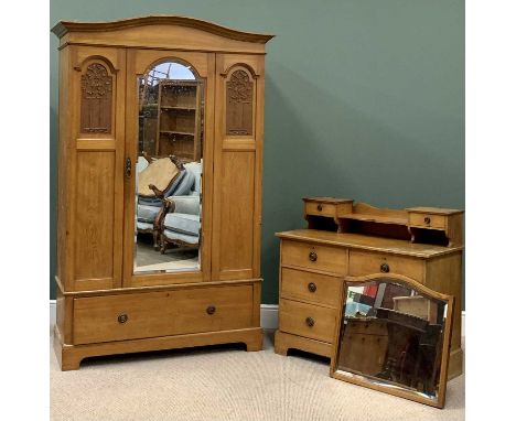 VINTAGE PINE BEDROOM FURNITURE comprising; mirrored bevelled glass single door wardrobe with base drawer, 211cms H, 133cms W,