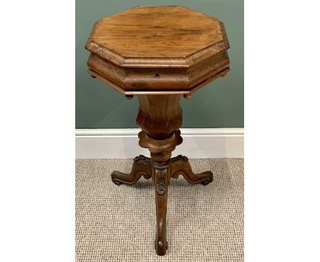 VICTORIAN FIGURED WALNUT OCTAGONAL TOP SEWING TABLE segmented column on tripod supports, with fitted interior, 77cms H, 41cms