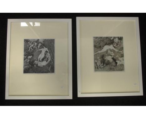 Two Norman Lindsay framed prints to include titles: The Satyrs pipe and The vintage festival, both 54.5cm X 44cm approx (fram