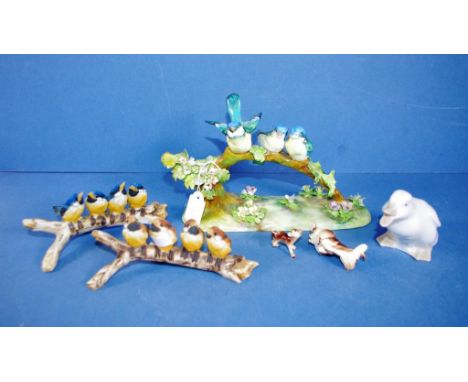 Crown Staffordshire birds on branch figure three birds on a branch, modelled by J.T. Jones; together with 2 other birds on br