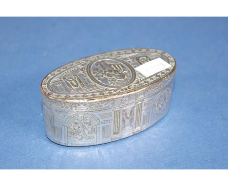 Antique French plate silver snuff box extensive embossed decoration to lid, base & sides. Gilt washed interior. Provenance: e