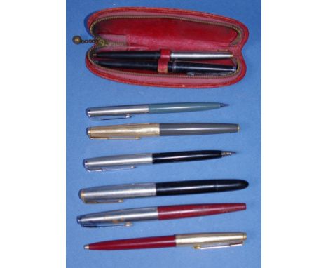 Eight various vintage Parker pens including 3 fountain pens; 2 ball point pens, in leather case; 2 propelling pencils; etc.