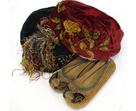 Pair of vintage Chinese shoes together with two hand embroidered satin caps