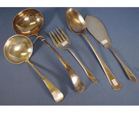Five pieces silver plated cutlery including 2 various ladles, basting spoon, & serving knife and fork.