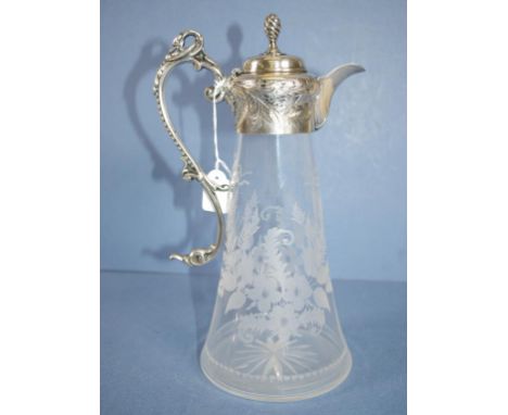 Vintage silver plated crystal claret jug engraved silver plated lid and handle, etched foliage decoration to body. Height 29c