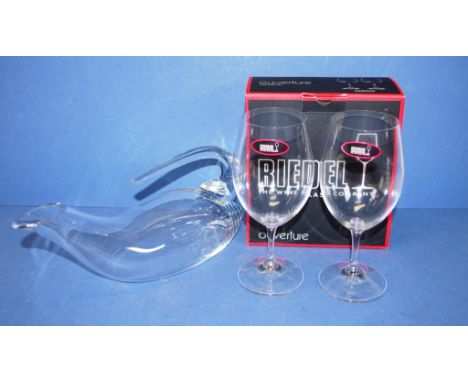 Riedel duck decanter & two wine glasses including boxed pair Reidel ouverture magnum wine glasses.