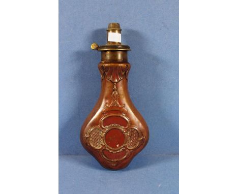 Vintage copper powder flask embossed decoration to body. Height 19cms approx