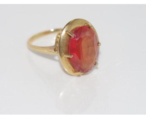 9ct yellow gold and orange sapphire ring weight: approx 9.25 grams, size: Q-R/8 (unmarked - tested as 9ct)