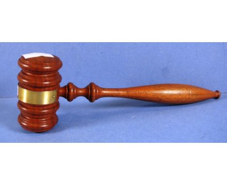 Vintage hand turned wood gavel with brass binding to head of gavel. Hand turned handle. Length 17cms approx.