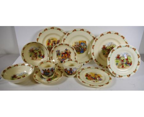 Eleven assorted Royal Doulton bunnykins items to include 5 plates, 2 bowls, and 2 cups and saucers