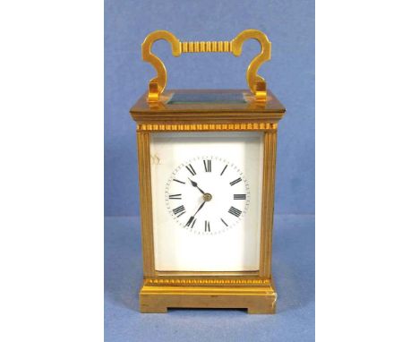 Vintage French brass cased carriage clock Roman numerals to enamel dial. With half hour and hour striker. Key available. Appe
