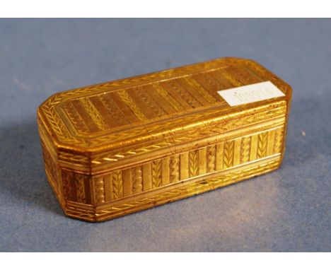 Antique French gilt snuff box engraved decoration to lid, base and sides. Length 8.5cms approx.
