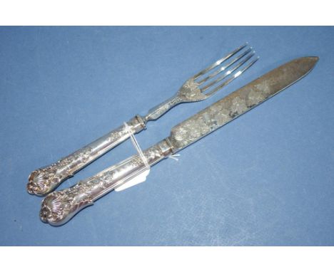 Georgian sterling silver handle fruit set marks rubbed. Possibly London 1830's. Comprising knife & fork, both with engraved d