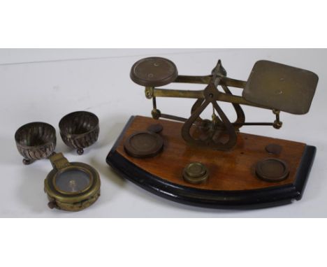 Set of vintage brass scales and weights together with a vintage brass compass and a pair of silver plated salt cellars