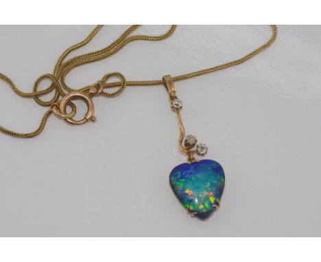 Good opal heart pendant on 9ct gold & diamond bale with 12ct yellow/rose gold chain (and 9ct clasp), total weight: approx 8.8