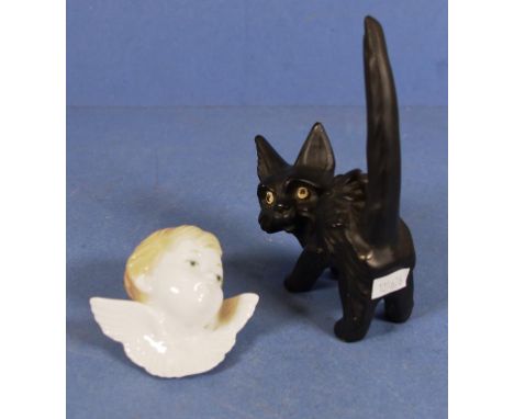 Lladro angle head wall plaque together with a black Sylvac cat figurine, height 15cm approx (tallest)