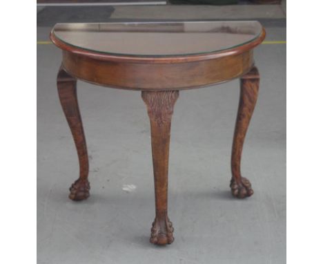 Chippendale style demi-lune table with glass top, 81cm wide, 45.5cm deep, 72cm high approx