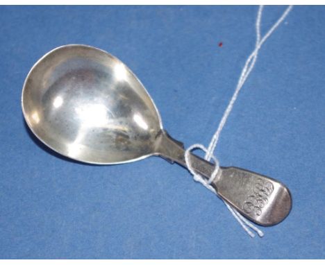 William IV sterling silver caddy spoon London 1830, makers William Chawner. Monogrammed. Weight 18grams approx.