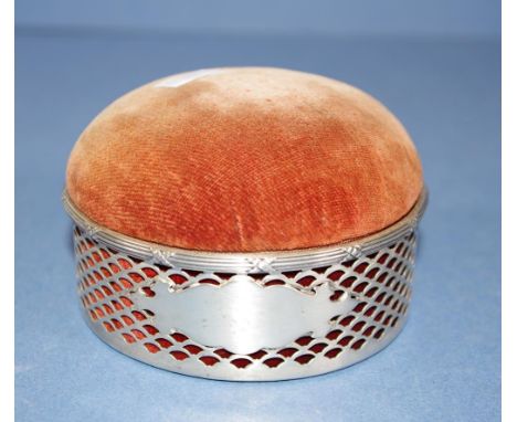 Vintage sterling silver pin cushion pierced sterling silver base, with padded pin cushion insert. Diameter 10cms approx  Weig