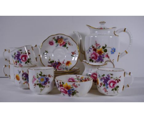 Royal crown derby posies pattern coffee set to include coffee pot, sugar, creamer, and six coffee cups and saucers