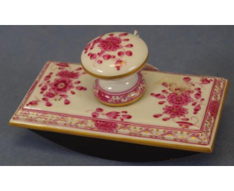 Antique Meissen porcelain blotting paper roller with pink and white floral decoration