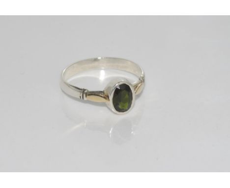 Handmade silver ring with green tourmaline gold highlights on shoulders, size: Q-R/8