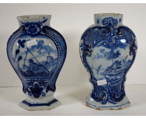 Pair of Delft blue & white ceramic vases with traditional scene decoration, height 20cm approx