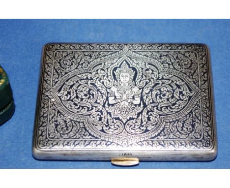 Vintage boxed Siam silver card case traditional niello figure decoration to lid, gilt washed interior, tested as Siam silver,