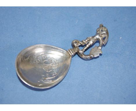 Vintage German commemorative spoon marked MM-830; bowl with engraved decoration and date 1578, standing soldier with sword fi