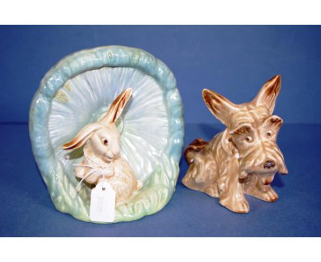 Vintage Sylvac rabbit & mushroom vase marked 1610 to base; together with Sylvac seated brown terrier figure, marked 1295 to b