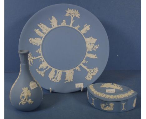 Three various Wedgwood blue jasperware including lidded trinket bowl; posy vase; & plate. Diameter 24cms approx (plate).