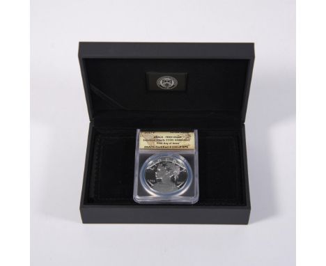 1 ounce ANACS Slabbed and Graded PR69 DCAM First Day of Issue. Certified number 239 of 975. The obverse side depicts Liberty 