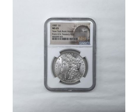 Slabbed and Graded MS65 Certified from U.S. Treasury Bag New York Bank Hoard. The obverse features the profile of Liberty, an